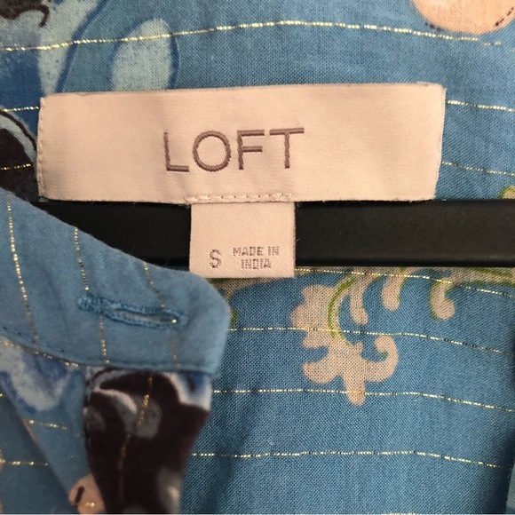 LOFT Women’s Blue Floral Cotton Blend Long Fluted Sleeve Blouse  Size S - Picture 4 of 10